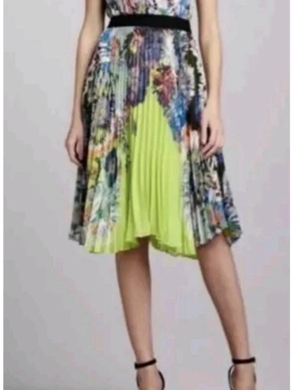 BCBGMaxAzria Neon Yellow and Multicolor Pleated High-Low Dress